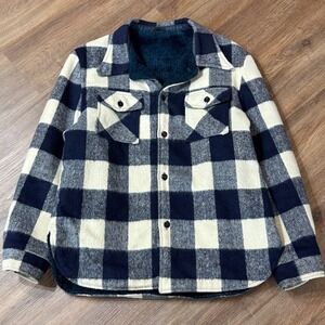 Vintage 70s Wool Buffalo Plaid Jacket Faux Fur-lined Navy Anchor Buttons Medium